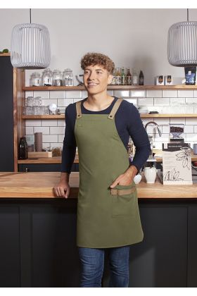 Latzschürze Urban-Look mit Kreuzbändern und Tasche moosgrün