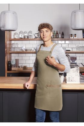 Latzschürze Urban-Look mit Kreuzbändern und Tasche kieselbeige