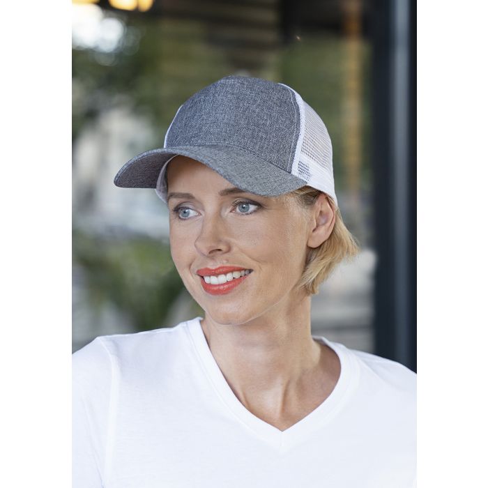 Trucker Mesh Cap, aus nachhaltigem Material, Recyceltes Polyester grau meliert/weiß