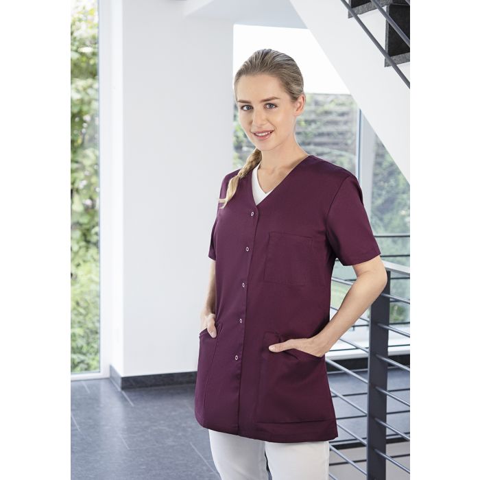 Kurzarm Damenkasack Essential, aus nachhaltigem Material aubergine
