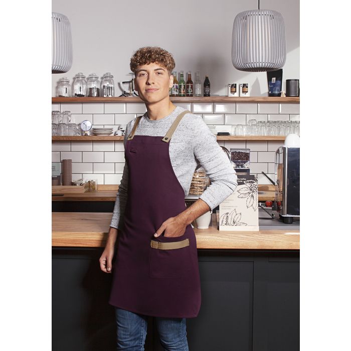 Latzschürze Urban-Look mit Kreuzbändern und Tasche aubergine
