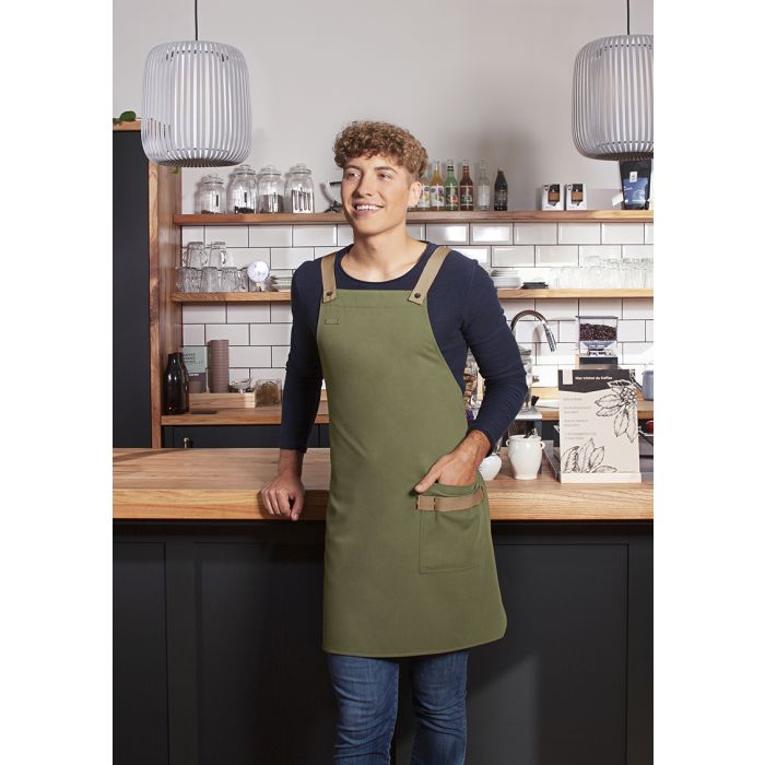 Latzschürze Urban-Look mit Kreuzbändern und Tasche moosgrün