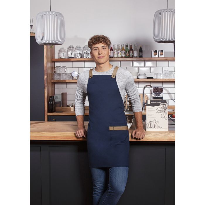 Latzschürze Urban-Look mit Kreuzbändern und Tasche stahlblau