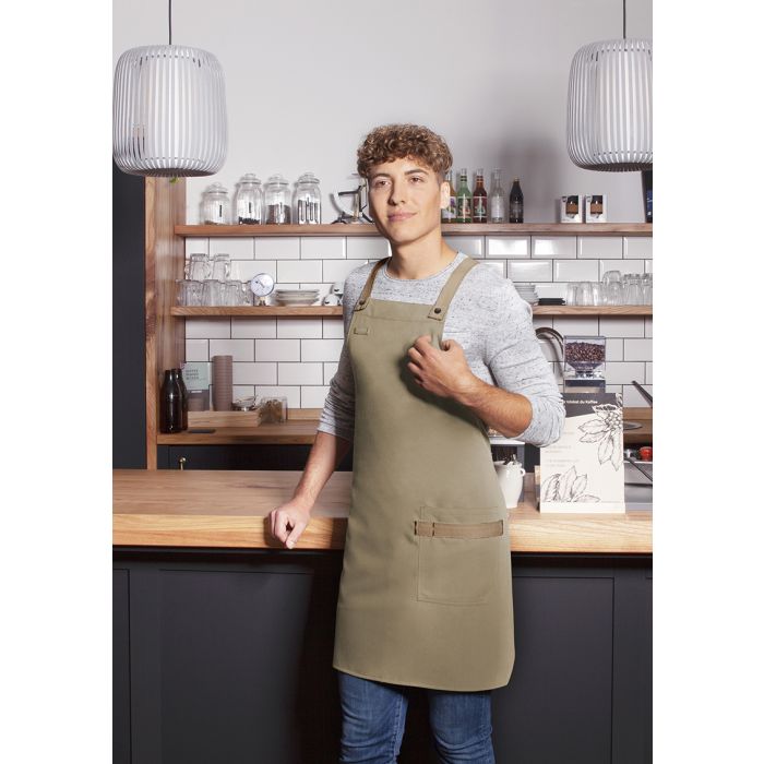 Latzschürze Urban-Look mit Kreuzbändern und Tasche kieselbeige