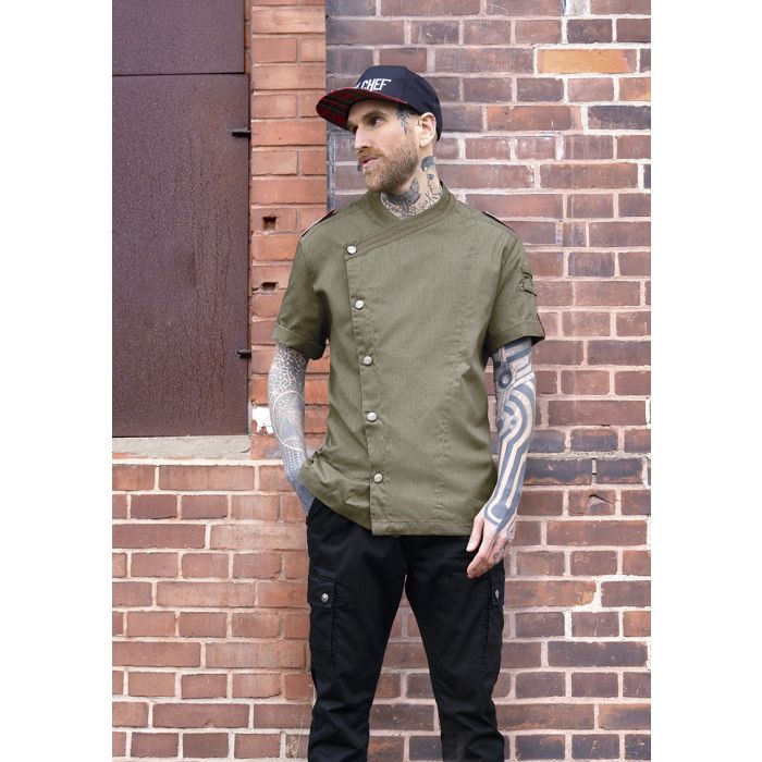Kurzarm Herrenkochjacke Denim-Style ROCK CHEF®-Stage2 vintage moss green