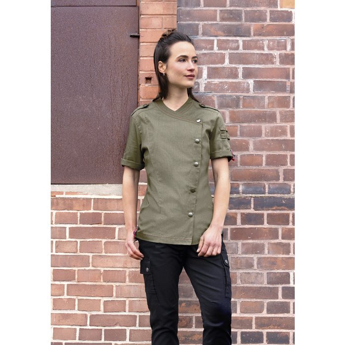 Kurzarm Damenkochjacke Denim-Style ROCK CHEF®-Stage2 vintage moss green