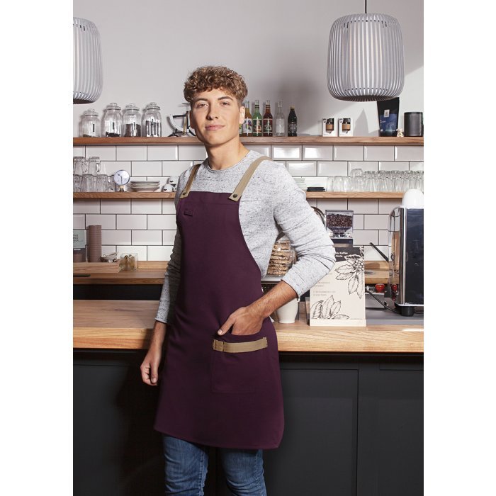Latzschürze Urban-Look mit Kreuzbändern und Tasche aubergine